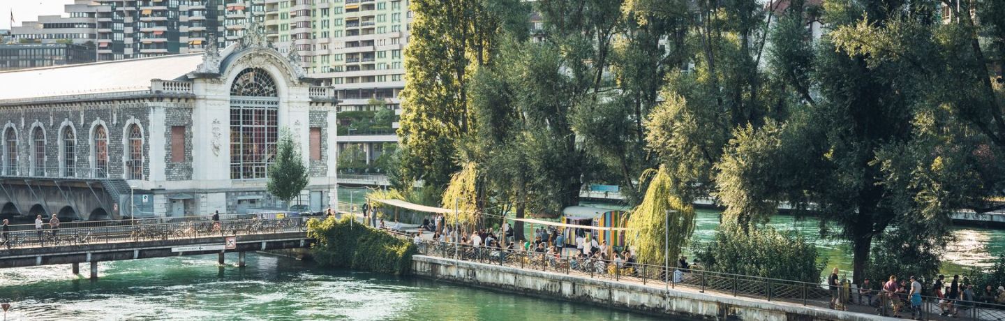 Gezicht op Genève met de rivier en een brug over de rivier