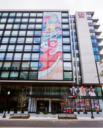 Colourful artwork on the front of citizenM Washington DC Capitol hotel from street level